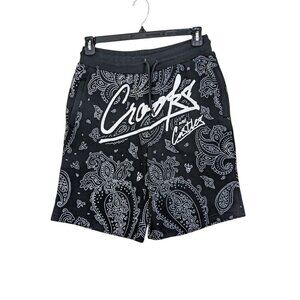Crooks & Castles Mens M Shorts Bandana Logo Script French Terry Sweat Black